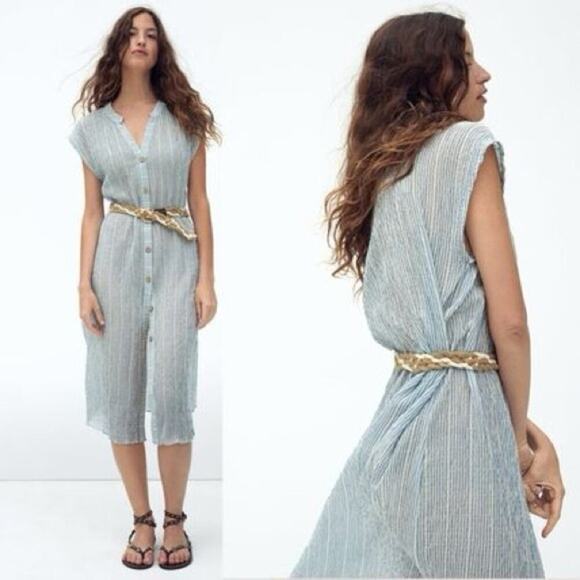 Zara Blue and White Striped Midi Dress Size Large - Picture 1 of 16